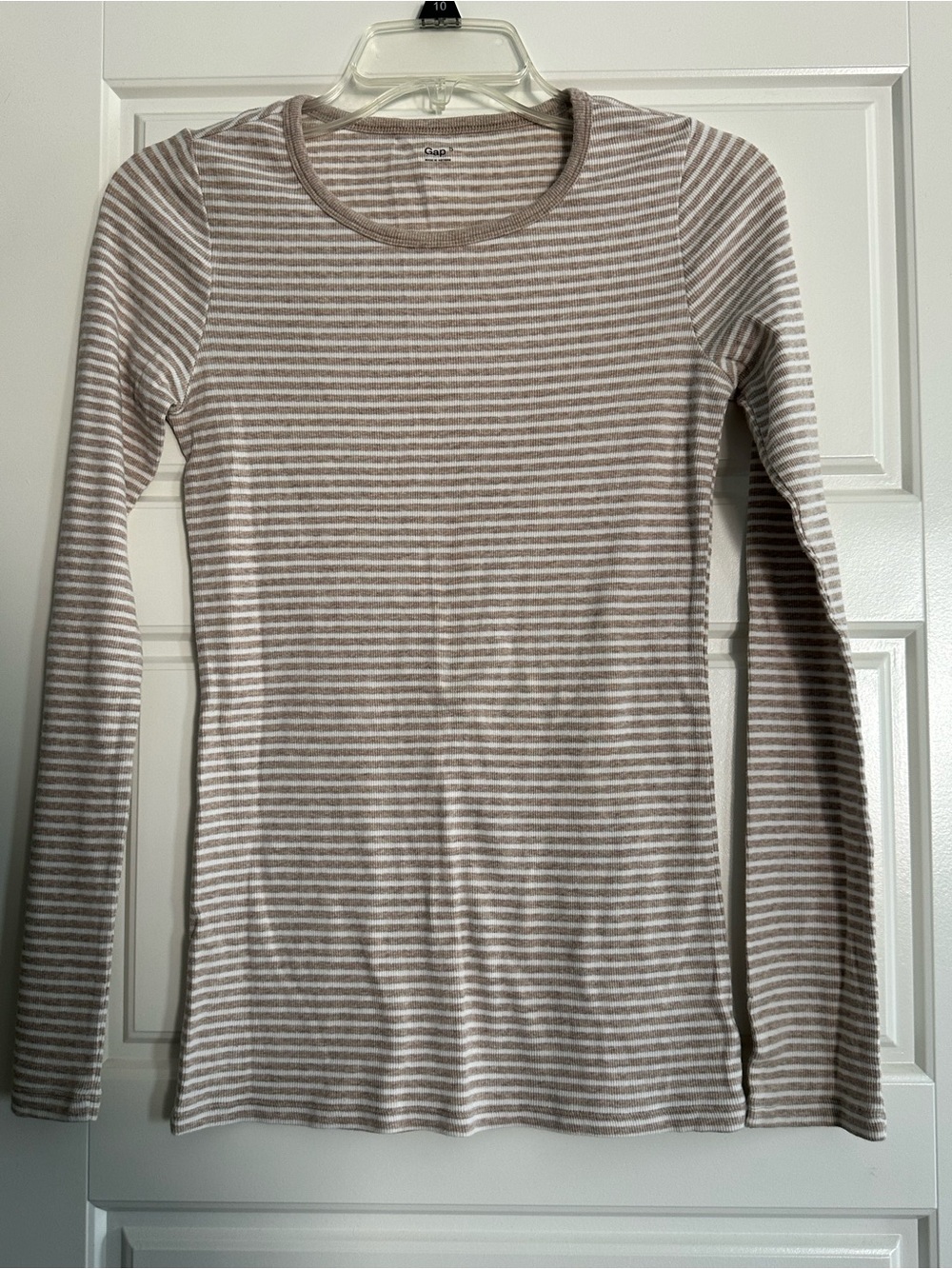 GAP Women’s Taupe and White Striped Long-Sleeve Crewneck Top